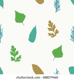 Seamless pattern with birch leaves, thuja branches, trees, and herbs leaves. Herbarium. Yellow, orange, red and pink vector background.