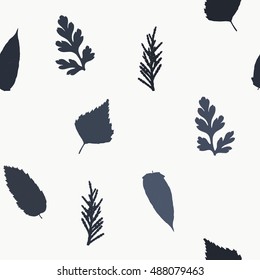 Seamless pattern with birch leaves, thuja branches, trees, and herbs leaves. Herbarium. Yellow, orange, red and pink vector background.