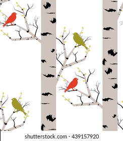 Seamless pattern with birches and birds