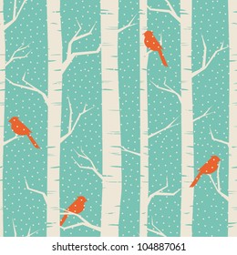 Seamless pattern with birches and birds in winter.