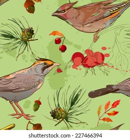 seamless pattern with bird and autumn nature elements