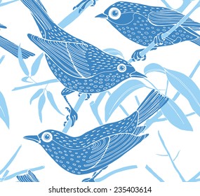 Seamless Pattern Bird Branch Blue
