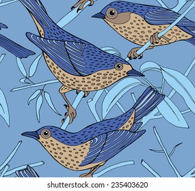 Seamless Pattern Bird Branch Color Blue