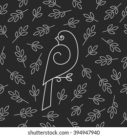 Seamless pattern with bird and branches in a linear style.