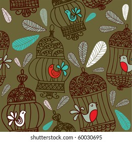 seamless pattern with bird in cage