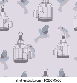 Seamless pattern with bird cage and canary in pastel colors. For decorating textiles, packaging and wallpaper. Vector illustration
