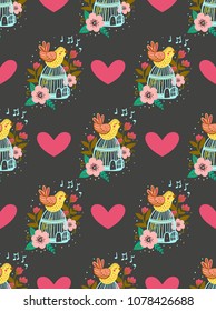 seamless pattern with bird, cage ,flowers and hearts