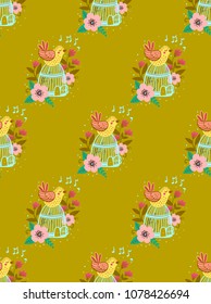 seamless pattern with bird, cage and flowers