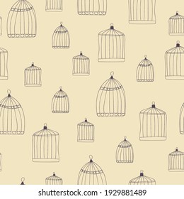 Seamless Pattern With Bird Cages. Vector Contemporary Illustration In The Style Of Primitivism.