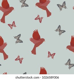 Seamless pattern with bird canary and butterflies on a blue background. For decorating textiles, packaging and wallpaper. Vector illustration.