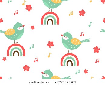 Seamless pattern with bird cartoons, cute flower, rainbow and music notes on white background vector illustration. 