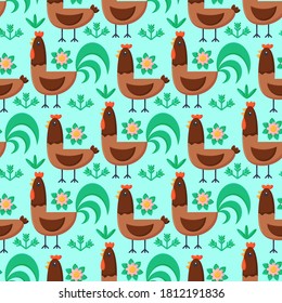 Seamless pattern with bird - chicken and grass vector illustration for wallpaper and food background.