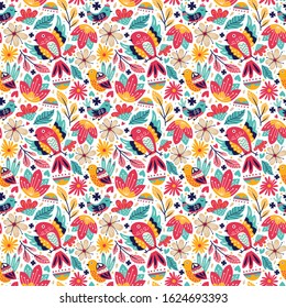 seamless pattern bird doodle style with nature leaves and foliage blossom and blooming flower background