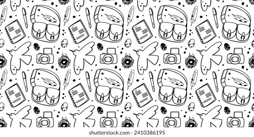Seamless pattern with bird, eggs, feathers, satchel bags and etc.  Concept of exploration, travel and eco tourism.