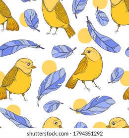 Nahtlose Muster Vogel und Feder. Naturealer handgezeichneter Stil.Modedruck, Stoffgewebe.Vektorgrafik