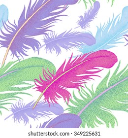 Seamless pattern with bird feathers. Decorative composition on a white background.
