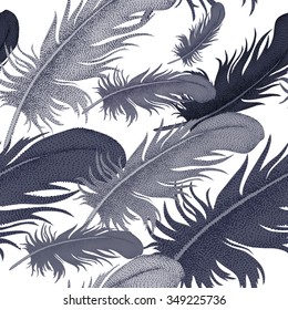 Seamless pattern with bird feathers. Decorative composition on a white background.