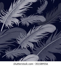 Seamless pattern with bird feathers. Decorative composition on a white background.