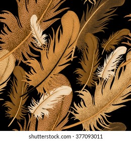Seamless pattern of bird feathers. Decorative composition of golden feathers on a black background. Design of natural motifs. Illustration of vector ornament.