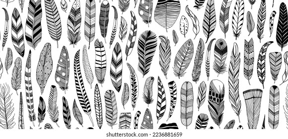Nahtlose Muster von Vogelfedern im Doodle-Stil. Handgezeichnete Vektorfedern und -flecken mit dekorativem Dekor. Umrisszeichnung. Skizze oder doodle-stil, biologischer abstrakter Hintergrund. 