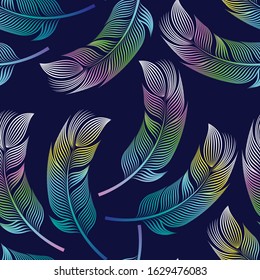 seamless pattern of bird feathers, light on a dark background. linear drawing and gradient. vector illustration. EPS 10.