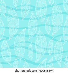 Seamless pattern of bird feathers with ornament inside isolated on white background. Blue and turquoise color. Art vector illustration.