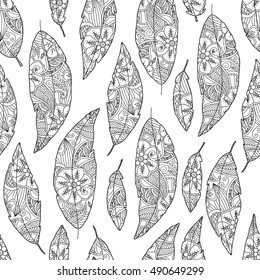 Seamless pattern of bird feathers with ornament inside isolated on white background. Monochrome image. Good quality antistress coloring book for adult and children. Art vector illustration.