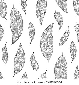 Seamless pattern of bird feathers with ornament inside isolated on white background. Monochrome image. Good quality for antistress coloring book for adult and children. Art vector illustration.