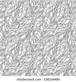 Seamless pattern of bird feathers with ornament inside isolated on white background. Monochrome image. Good quality antistress coloring book for adult and children. Art vector illustration.