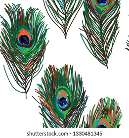 
Seamless pattern with bird feathers. Peacock feather. Bright multicolored background. Pop art drawing markers.