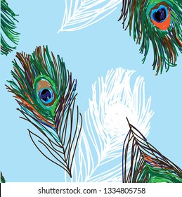 Seamless pattern with bird feathers. Peacock feather. Bright multicolored background. Pop art drawing markers.