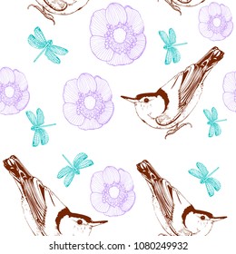 seamless pattern, bird, flower, dragonfly, vector, white background , suitable for textile and printing