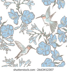 Seamless pattern of bird and flower hand draw by painting application.The EPS file is vector and can be edited shape, layout and background color.