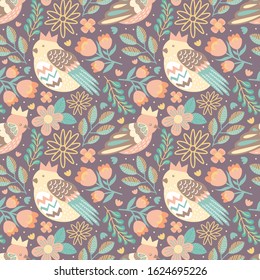 seamless pattern bird with flower and nature leaves doodle style background color