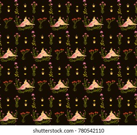 Seamless pattern with bird, flowers and crown