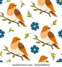 Patrón sin fisuras de pájaro, flores y hoja verde sobre Ilustración vectorial de fondo blanco.