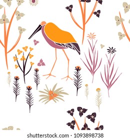 Seamless pattern with bird and flowers. Hand drawn heron and elegant flowers. Vector illustartion. 