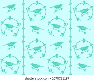 Seamless pattern with bird and flowers on green background.