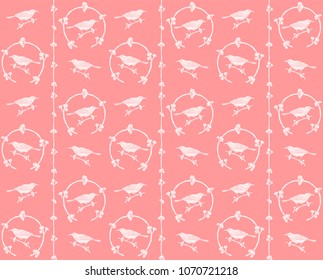 Seamless pattern with bird and flowers on pink.