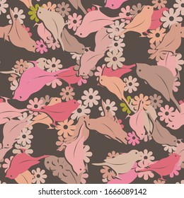 seamless pattern of bird flowers on a brown background. Vector imageeps 10