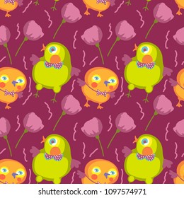 Seamless pattern of bird and flowers. Use for your Design,  gift box, textiles, cover of notebook, wall-paper. Objects are isolated on claret background. Colorful hand drawn vector stock illustration.