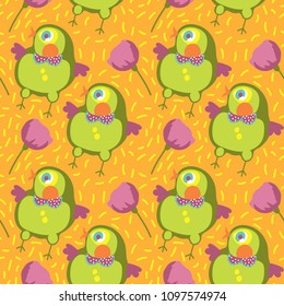 Seamless pattern of bird and flowers. Use for your Design,  gift box, textiles, cover of notebook, wall-paper. Colorful hand drawn vector stock illustration.