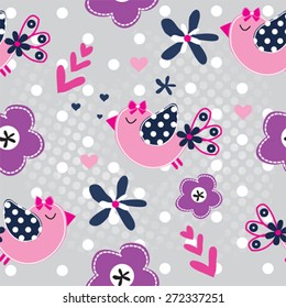 seamless pattern with bird and flowers vector illustration