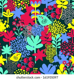 Seamless pattern with bird in the forest. Vector texture. 