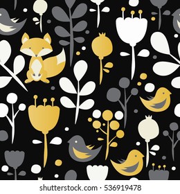 Seamless pattern with bird fox and flowers Floral woodland animals seamless pattern on gray background. Vector pattern with fox and brids