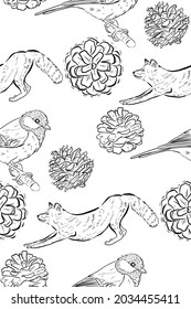 Seamless pattern with bird, fox and pine cones. Can be used for textile design, clothes, wallpaper, bag, decoration.