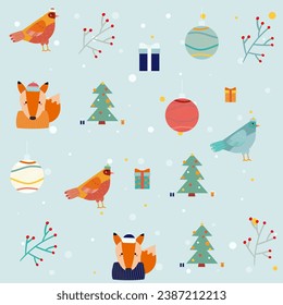 seamless pattern with bird, fox, vector background