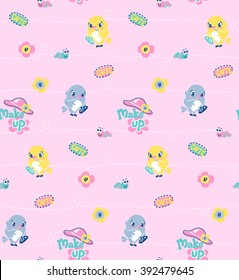 Seamless pattern, bird girl holding mirror and lipstick and making up her lips with worm on pink background.