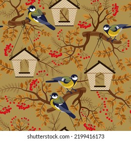seamless pattern bird house with titmouse in rowan trees