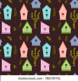 Seamless pattern with bird houses and leafs